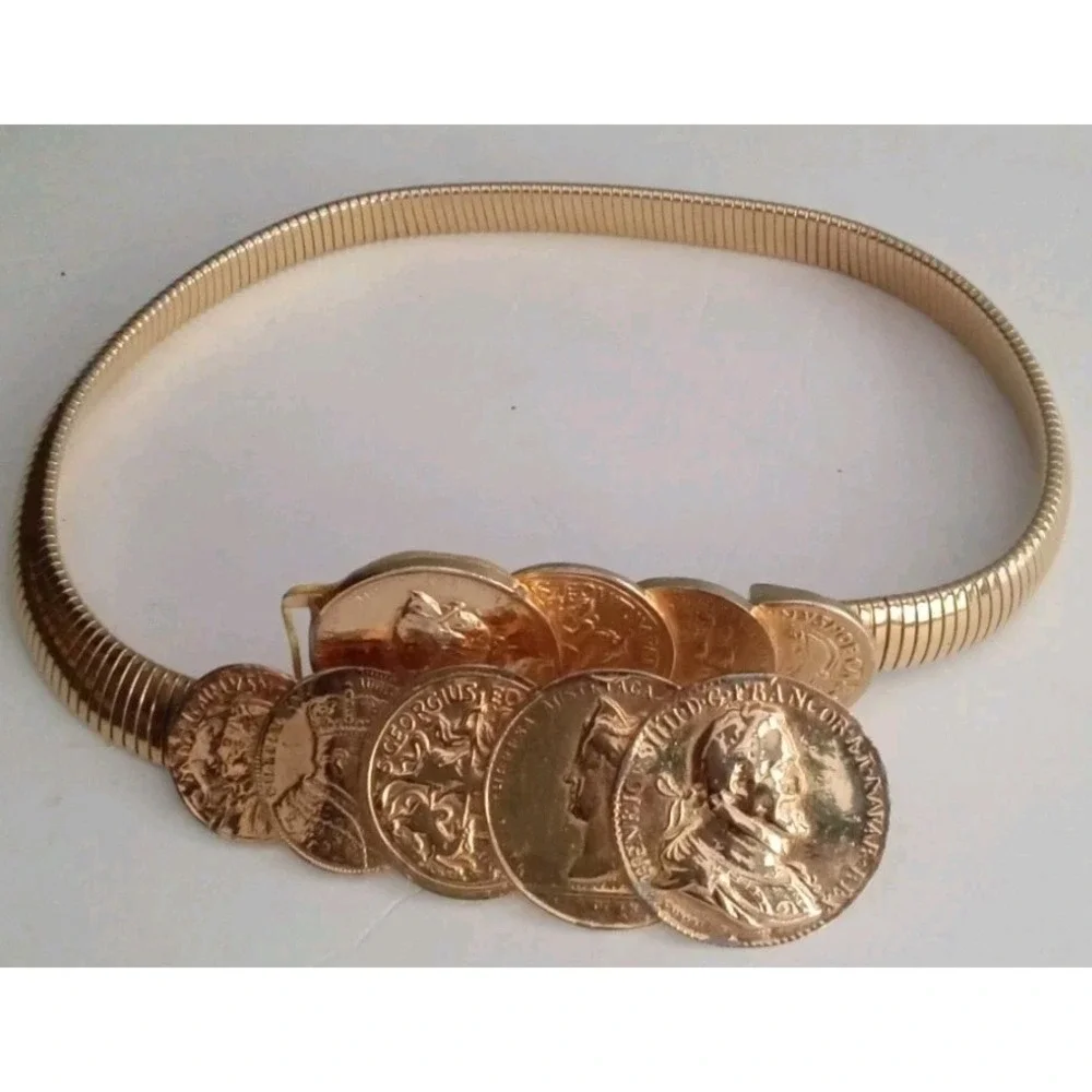 Vintage Gold Tone Coin Belt Elastic Stretch Waist Belt‎ Fashion Accessory